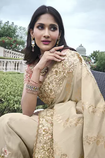 Beige embroidered silk blend saree