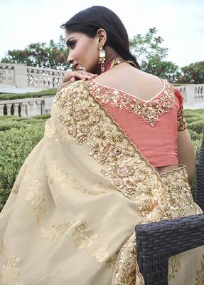 Beige embroidered silk blend saree 3