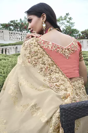 Beige embroidered silk blend saree