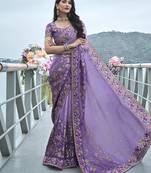 Lavender embroidered silk blend contemporary saree