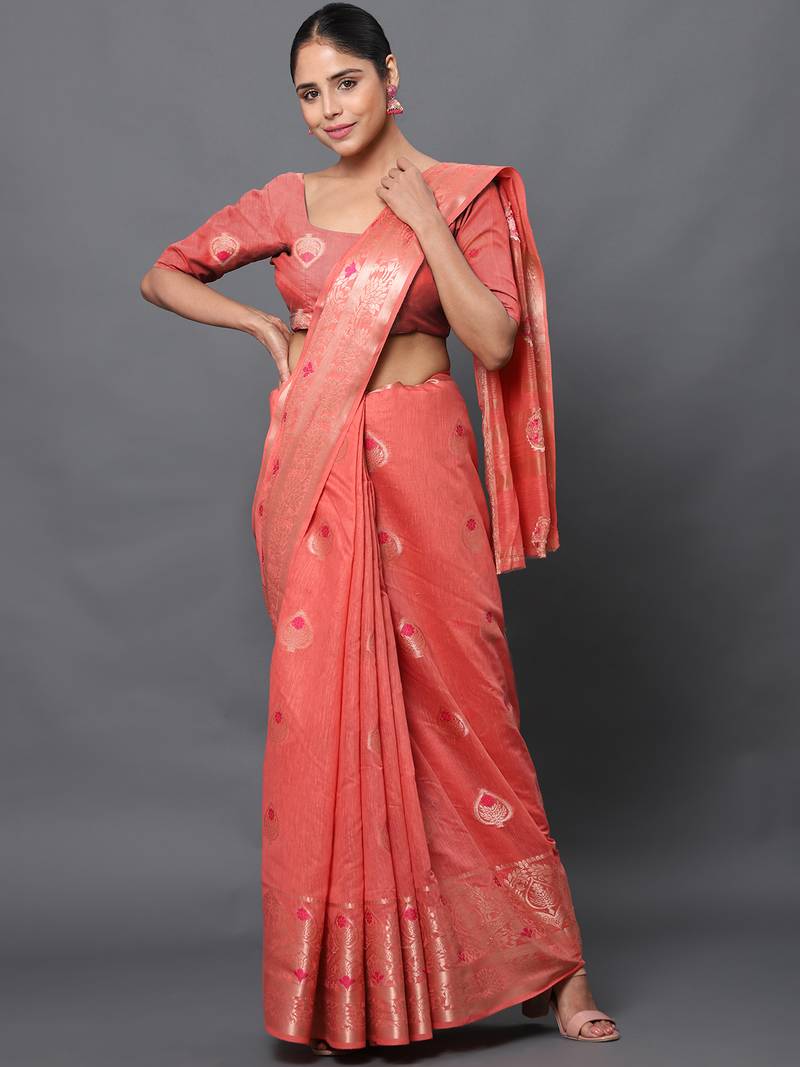 Coral Pink Jacquard Cotton Linen Blend Golden Zari Butta Banarasi Saree With Unstitched Blouse Piece