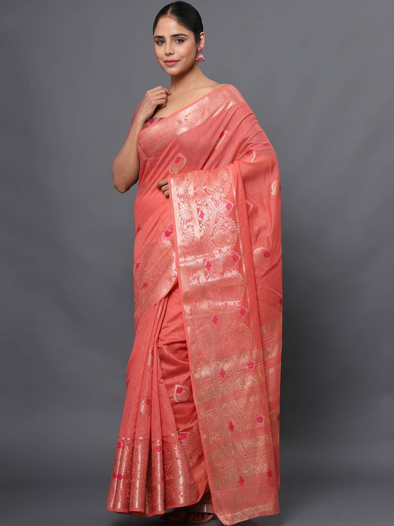Coral Pink Jacquard Cotton Linen Blend Golden Zari Butta Banarasi Saree With Unstitched Blouse Piece