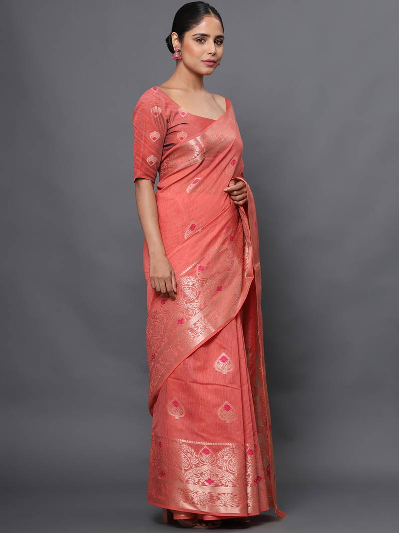 Coral Pink Jacquard Cotton Linen Blend Golden Zari Butta Banarasi Saree With Unstitched Blouse Piece