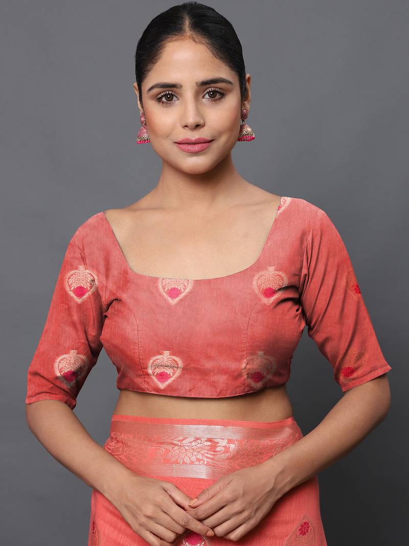 Coral Pink Jacquard Cotton Linen Blend Golden Zari Butta Banarasi Saree With Unstitched Blouse Piece