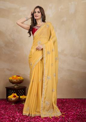 Yellow Organza Embroidery Saree with Velvet Blouse Piece 1