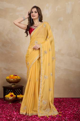 Yellow Organza Embroidery Saree with Velvet Blouse Piece