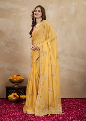 Yellow Organza Embroidery Saree with Velvet Blouse Piece 2