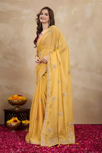 Trendmalls Yellow Organza Embroidery Saree with Velvet Blouse Piece