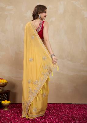 Yellow Organza Embroidery Saree with Velvet Blouse Piece 3