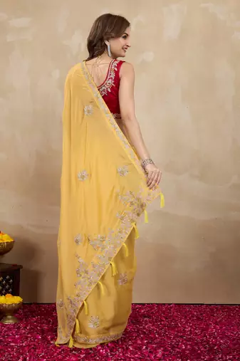Trendmalls Yellow Organza Embroidery Saree with Velvet Blouse Piece