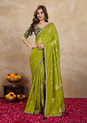 Green Viscose Silk Cut work Embroidery border Saree with Embroidered Blouse 1