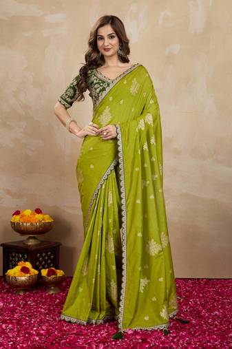 Green Viscose Silk Cut work Embroidery border Saree with Embroidered Blouse