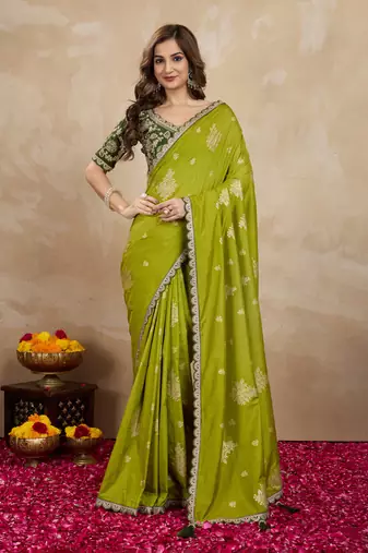 Green Viscose Silk Cut work Embroidery border Saree with Embroidered Blouse