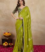 Green Viscose Silk Cut work Embroidery border Saree with Embroidered Blouse
