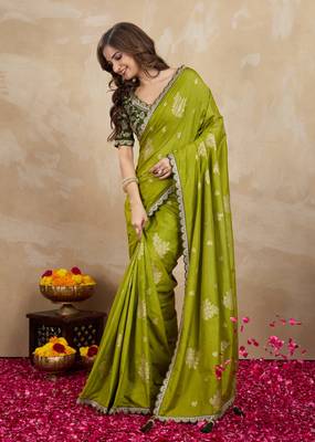 Green Viscose Silk Cut work Embroidery border Saree with Embroidered Blouse 2