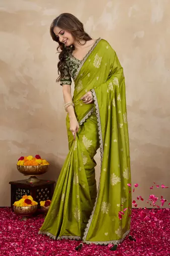 Trendmalls Green Viscose Silk Cut work Embroidery border Saree with Embroidered Blouse