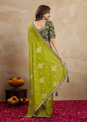 Green Viscose Silk Cut work Embroidery border Saree with Embroidered Blouse 3