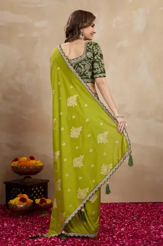 Trendmalls Green Viscose Silk Cut work Embroidery border Saree with Embroidered Blouse