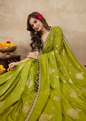 Green Viscose Silk Cut work Embroidery border Saree with Embroidered Blouse 5