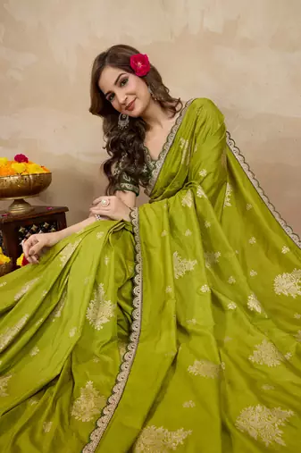 Trendmalls Green Viscose Silk Cut work Embroidery border Saree with Embroidered Blouse