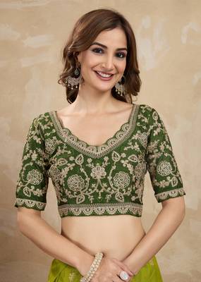 Green Viscose Silk Cut work Embroidery border Saree with Embroidered Blouse 6