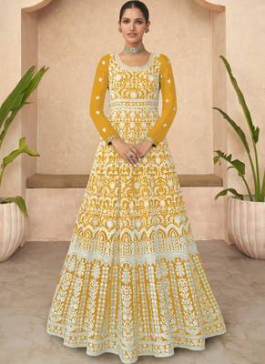 Mustard georgette chanderi silk salwar suit with dupatta 1