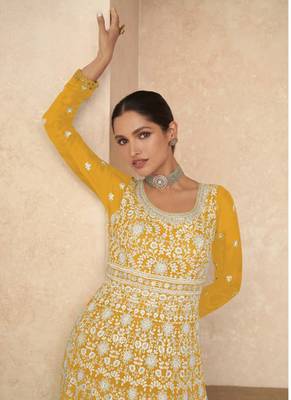 Mustard georgette chanderi silk salwar suit with dupatta 2