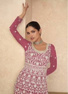 Dusty pink georgette chanderi silk salwar suit with dupatta 2