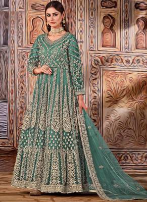 Light green butterfly net anarkali suit with dupatta 1
