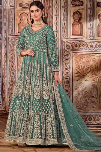 Light green butterfly net anarkali suit with dupatta