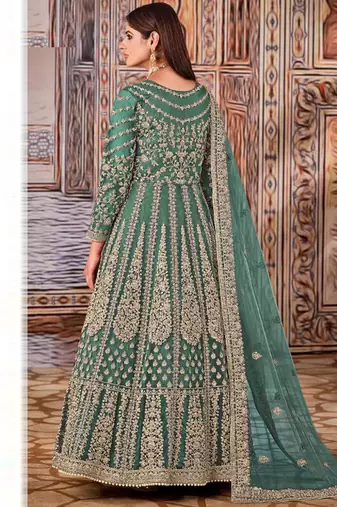 Light green butterfly net anarkali suit with dupatta