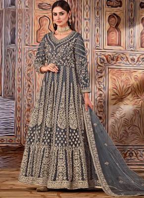 Grey butterfly net anarkali suit with dupatta 1