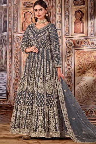 Grey butterfly net anarkali suit with dupatta