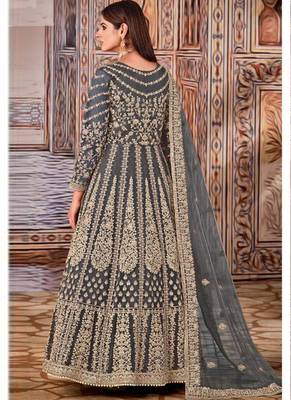 Grey butterfly net anarkali suit with dupatta 2