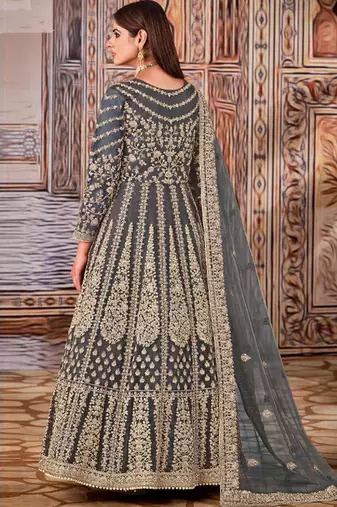 Grey butterfly net anarkali suit with dupatta
