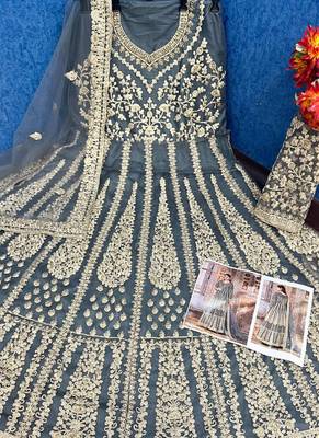 Grey butterfly net anarkali suit with dupatta 3