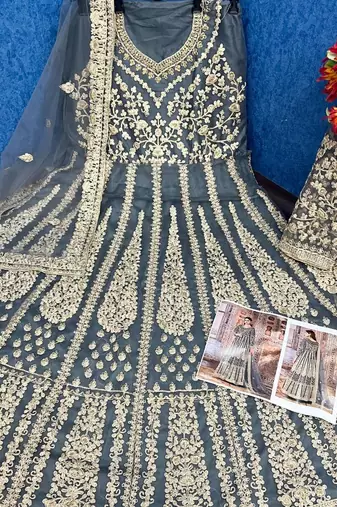 Grey butterfly net anarkali suit with dupatta