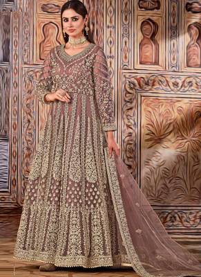 Brown butterfly net anarkali suit with dupatta 1