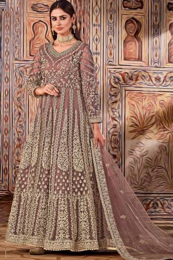 Brown butterfly net anarkali suit with dupatta