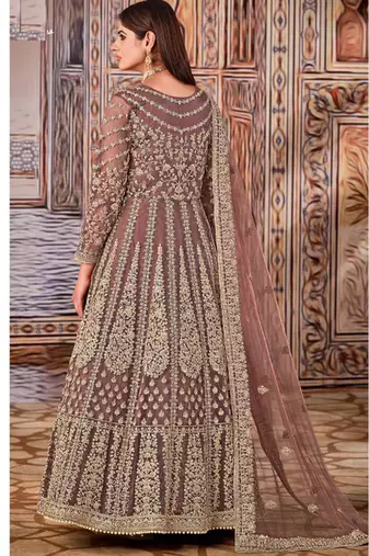 Brown butterfly net anarkali suit with dupatta