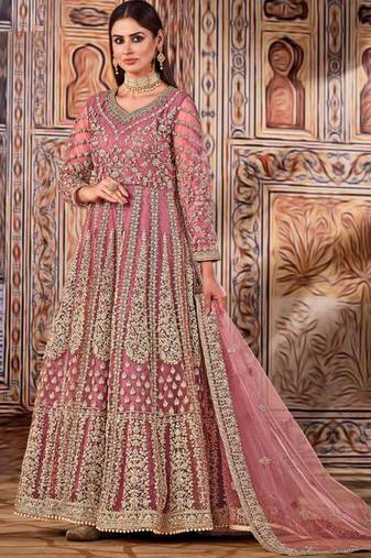 Light pink butterfly net anarkali suit with dupatta