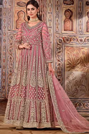 Light pink butterfly net anarkali suit with dupatta