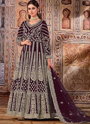 Wine butterfly net anarkali suit with dupatta 1