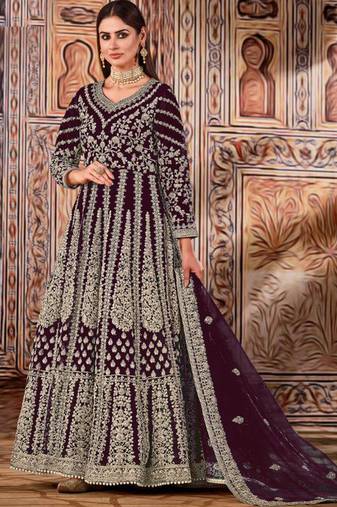 Wine butterfly net anarkali suit with dupatta