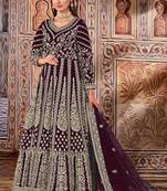 Wine butterfly net anarkali suit with dupatta