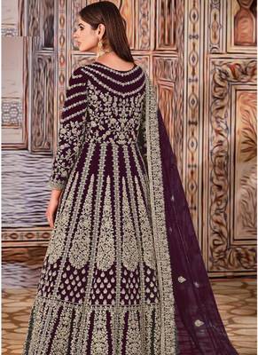 Wine butterfly net anarkali suit with dupatta 2