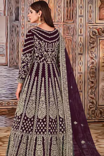 Wine butterfly net anarkali suit with dupatta