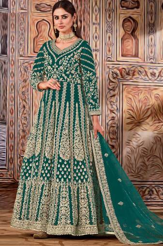 Green butterfly net anarkali suit with dupatta