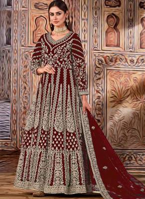 Maroon butterfly net anarkali suit with dupatta 1