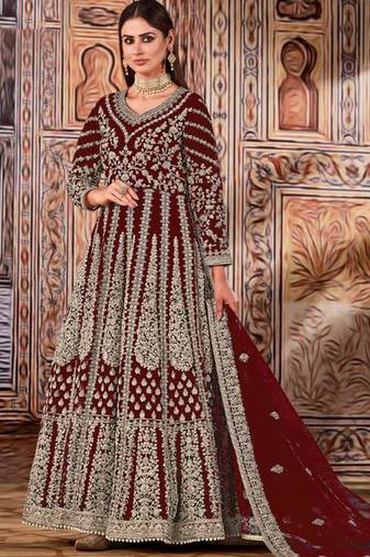 Maroon butterfly net anarkali suit with dupatta